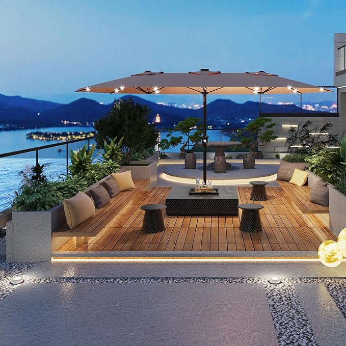15FT Solar Patio Umbrella with 36 LED Lights, Weighted Base Included, Tilt and Crank Market Umbrella for Backyard, Garden, Deck, Pool, Beach