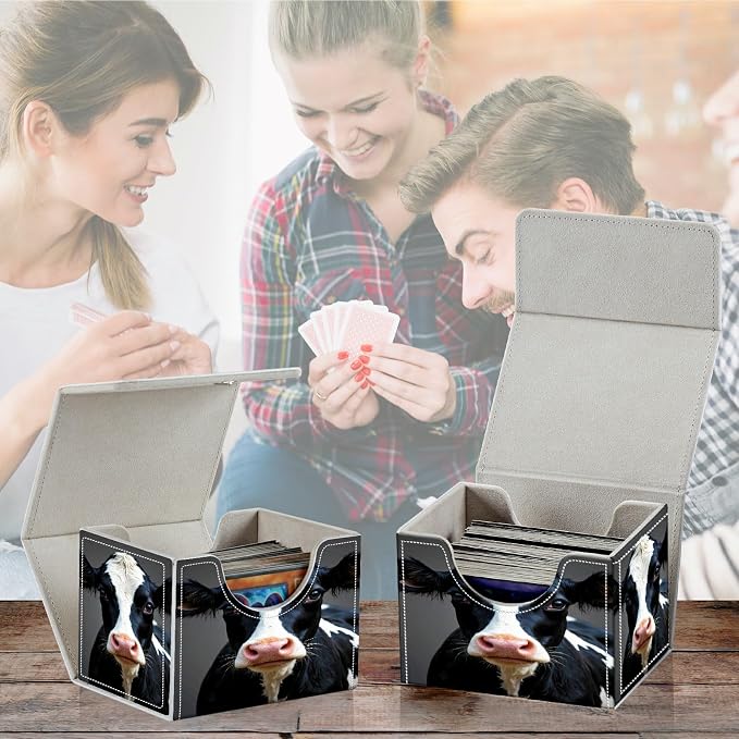 Card Deck Box for MTG, Cards Storage Box Fits 120+ Sleeved, Leather Small Size Strong Magnetic Closing Card Case for Board Games Magic TCG CCG Baseball Collection, Black White Cow