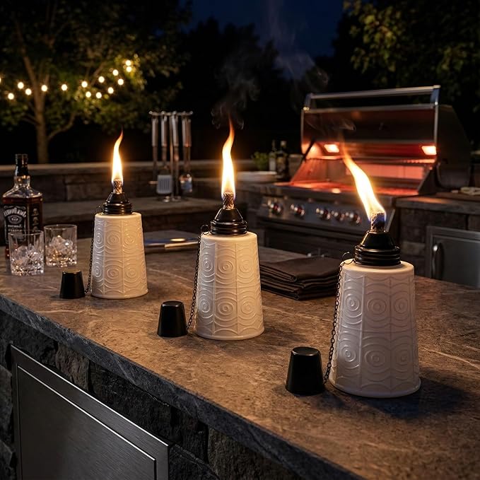 Seraphic Citronella Table Top Torches for Outdoor Patio, 16oz Decorative Glass Torch Citronella Candles for Outside Deck, Garden, Parties, Set of 3, White