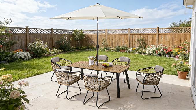 70" Steel Elegant and Stylish Kitchen Dining Table, Simple and Practical Dining Table, Mid-Century Style Outdoors Coffee Tables with Umbrella Hole for Patio, Garden, Poolside , Bronze,Earthy Yellow