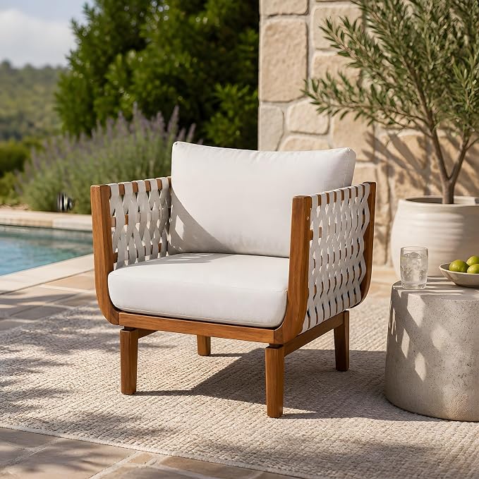 Merax Outdoor Acacia Wood Club Chair wtih Cushions, Patio Sofa Chair with Hand-Woven Rope, Deep Seating for Porch, Lawn, Backyard, Balcony, 400 lbs Weight Capacity, Teak+ Beige