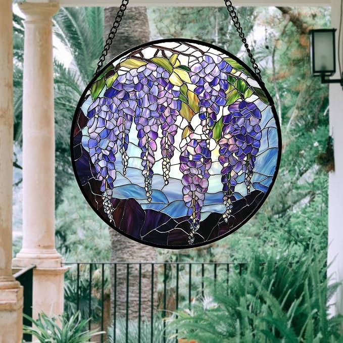 DASTOLL Stained Glass Window Hanging, Purple Wisteria Flowers Suncatcher for Doors Window Home Plant Sun Catchers Decoration Mother's Day Birthday Gifts for Women, Men, and Mom 11.8x11.8 in