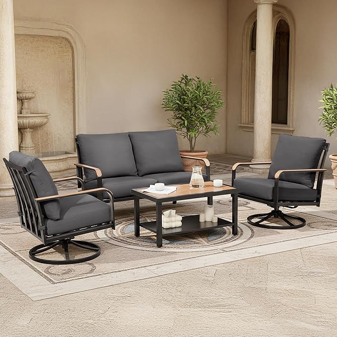 NATURAL EXPRESSIONS Patio Furniture Sets,4 Pieces Metal Outdoor Conversation Sofa Set with High Back Swivel Rocking Chairs with Anti-Scald Armrest,Double-Deck Wooden-Grain Table,6" Cushions for Yard