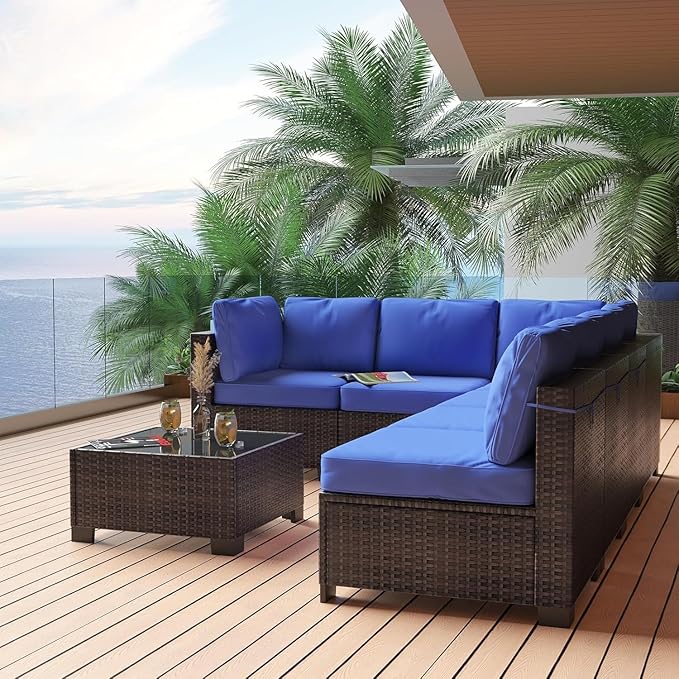 7 Piece Patio Furniture Set, All-Weather PE Wicker Sectional Sofa with Tempered Glass Coffee Table - Outdoor Conversation Set for Poolside, Garden, Porch in Brown + Blue