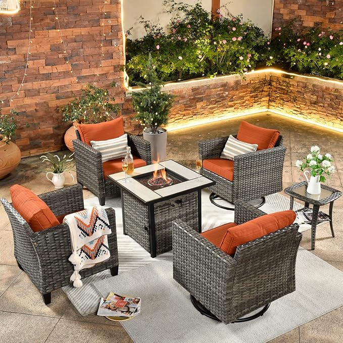 ovios 6 Pieces Patio Furniture Set, Outdoor Wicker Rattan Swivel Chairs with 30" Fire Pit Table, High Back Rocking Glider Chair Conversation Sets for Porch Deck, Orange Red