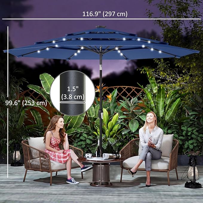 Outsunny 9.7 ft Outdoor Patio Umbrella with 32 Solar LED Lights, 3 Tier Outdoor Table Market Umbrella with Tilt and Crank, 8 Ribs for Garden, Deck, Yard, Poolside