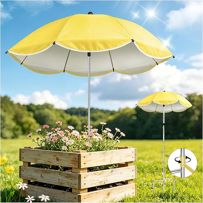1Pack Plant Umbrellas for Outdoor Plants, Upgraded 360° Rotating 3-Prong Ground Stake for Stronger Grip, Stable Garden Shade Umbrella for Flowers, Vegetables, Fruit Trees, Raised Beds & Planters Yellow