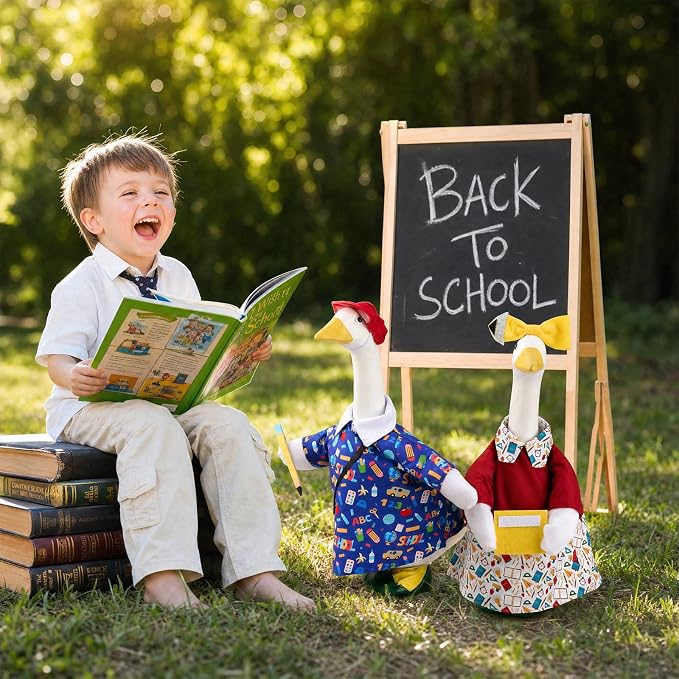 2 Set Back to School Porch Goose Outfit for 23" Cement Goose Statues | Concrete Plastic Classroom Geese Clothes with Apple Bag, Bow & Dress for Indoor Outdoor Yard Garden Patio Decor