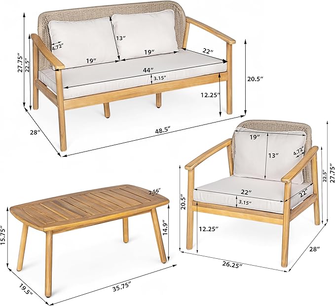 Merax 4-Piece Outdoor Acacia Wood Conversation Set with Coffee Table, Woven Rope Backrest Chair and Loveseat Sofa, Patio Furniture Set for Your Porch, or Balcony, Light Teak Finish, Beige Cushion