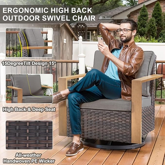 Belord Full 4 Pieces Patio Furniture Set with 41” Propane Fire Pit Table, Outdoor Conversation Set with Swivel Glider Outdoor Chair Set of 2 and Rattan Sofa for Deck Backyard