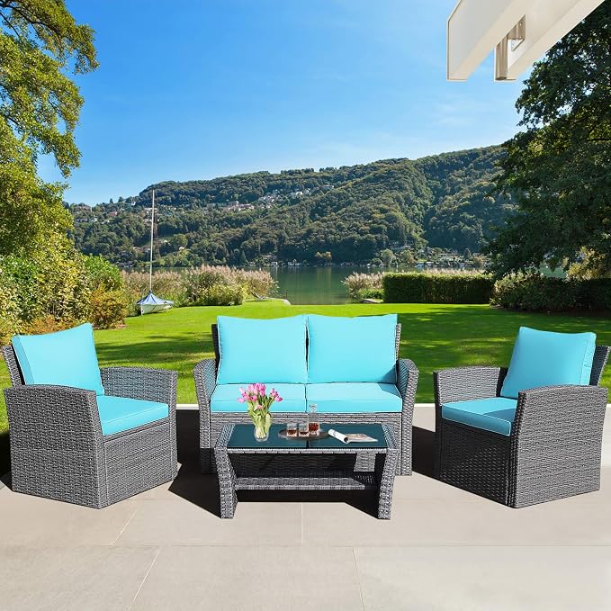 HAPPYGRILL 4-Pieces Patio Rattan Furniture Set Outdoor Conversation Set with Cushions and Coffee Table, Sectional Wicker Sofa Set for Garden Porch Balcony Poolside