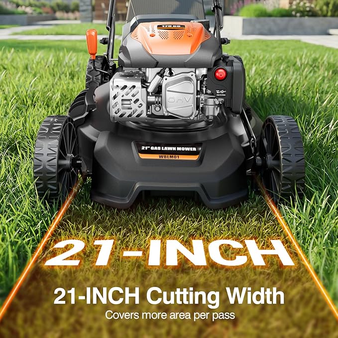 21-Inch Gas Lawn Mower Self Propelled, 170CC 4-in-1 Mulch/Rear Bag/Side Discharge/Rear Discharge, 7-Position Cutting Height, Foldable Gas Powered Lawn Mowers with Bag, Walk-Behind Gas Lawnmower