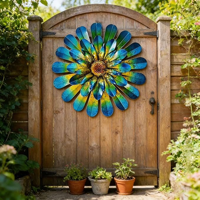 2 Pack Metal Flower Wall Decor, Hand-Painted Farmhouse Hanging Wall Art | 12 inch floral metal wall hanging with built-in hooks. Indoor & outdoor decor, garden farmhouse decoration.