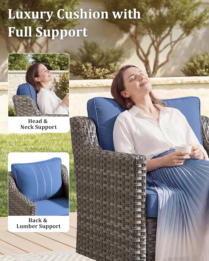 Outdoor Furniture Set of 6, Patio Chairs with Luxury 4" Cushion, Wicker Swivel Rocker Patio Chairs, and Side Table, High Back&Deep Seat for Garden Deck Porch Balcony Backyard - Blue