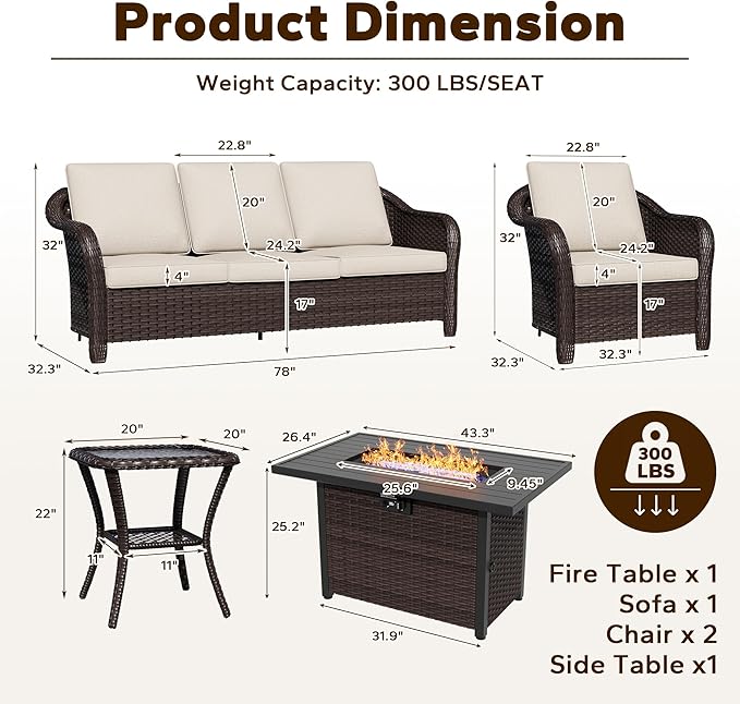 5 Piece Patio Wicker Conversation Set, All-Weather Use Outdoor Wicker Sofa with 2 PE Rattan Ottomans,2 Chair, 1 Side Table, Ideal for Porch, Backyard, Balcony, Poolside, Beige