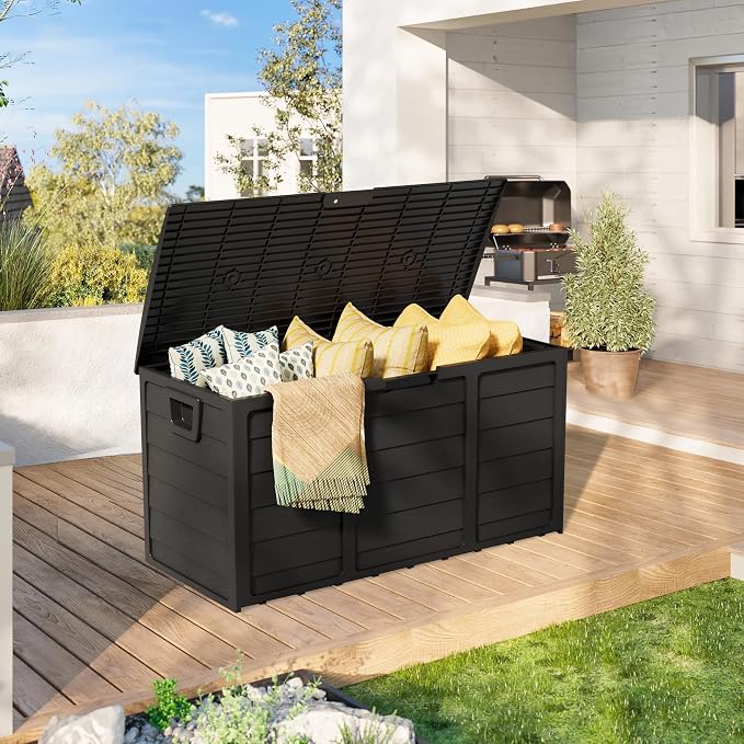 75 Gallon Outdoor Deck Storage Box - Heavy Duty Resin Container with Lockable Lid & Handles for Patio, Garden, Yard - Weatherproof (Black)