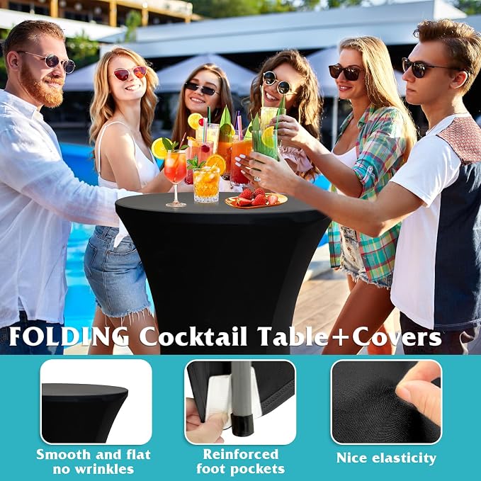 Camp Field 2 Packs Round Folding Cocktail Tables with Black Covers, 32 inch High Top Highboy Bar Height Tables, Portable Pub Bistro Furniture for Weddings, Parties, Events, Indoor Outdoor