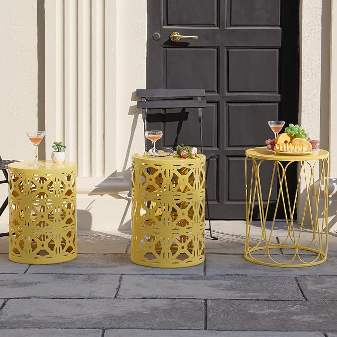 Y&M Outdoor Side Tables Set of 3, Metal Nesting Patio Side Tables for Outside, Decorative Garden Stool Plant Stand for Patio Garden Balcony Porch-Yellow