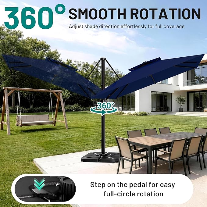 AreShark 11×11FT Double-Top Cantilever Patio Umbrella with Base Included, Offset Umbrella with 360 Degree Rotation, Heavy Duty Patio Umbrella for Garden Deck Pool, 5 Tilt Angles, Navy
