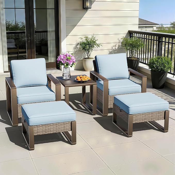5 Pieces Metal Wicker Patio Furniture Set - Two Armchairs and Two Ottomans, One Side Table, All Weather Rattan Outdoor Conversation Furniture with Washable Cushion for Deck Porch, Baby Blue