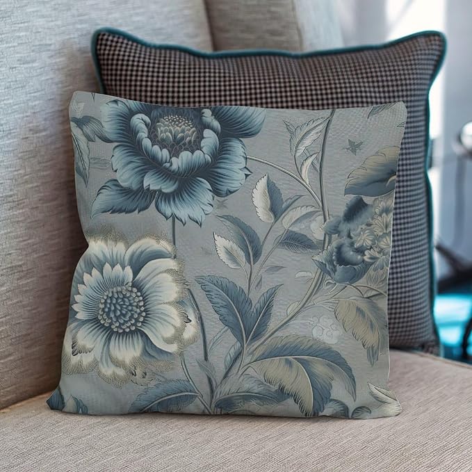 Throw Pillow Covers Spa On Flax Blue Chinoiserie Cushion Cases Retro Blue Grey Asian Flower Pillow Cover Accent Square Couch Sofa Cushion Covers for Patio Couch Sofa Office 20x20 in