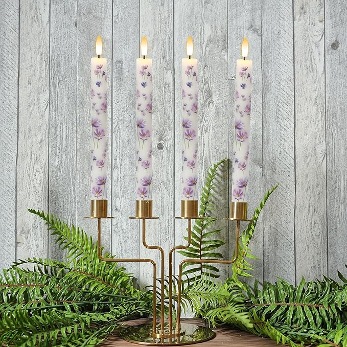 Wondise Flameless Flickering Candles with Remote and Timer, 4 Pack Real Wax Battery Operated LED Taper Candles 3D Wick Purple Flower Decal for Dinner Wedding Spring Home Decor(0.78" D x 9.64" H)