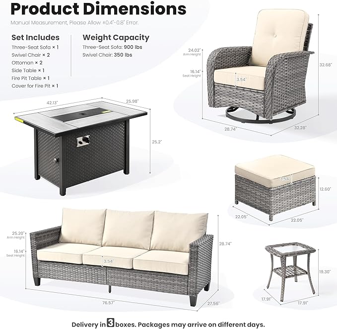 ovios 7 Pieces Patio Furniture Set, Outdoor Wicker Sofa Couch with Rocking Swivel Chairs Fire Pit Table, Modern Deep Seat Rattan Conversation Sets for Deck Porch, Beige