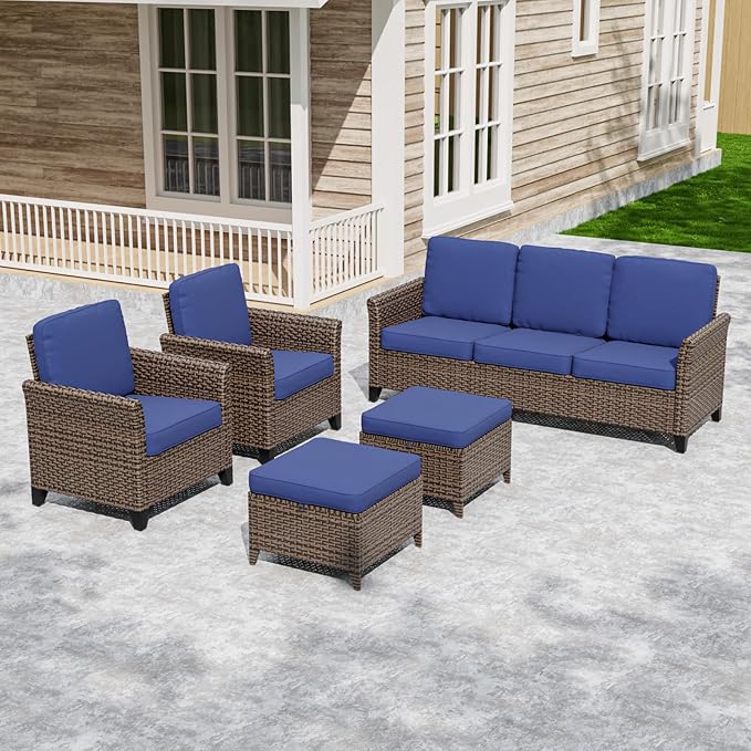 COOS BAY Harbor Retreat 5 Piece Outdoor Furniture Set, Patio Conversation Set with Patio Chairs, 3 Seat Couch and Ottomans, Wicker Furniture, Brown/Blue