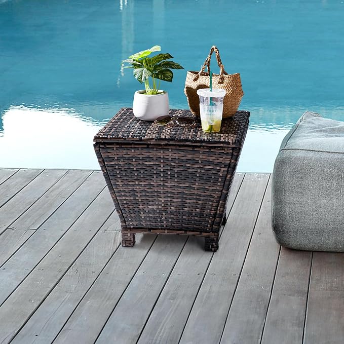 13 Gallon Patio Rattan Wicker Side Tables,All-Weather Outdoor Storage Box,Waterproof Patio Coffee Side Table,Outside Storage Coffee Tables,with Lid,for Garden Porch Poolside Deck Backyard (Brown)