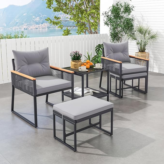 Tangkula 5 Pieces Outdoor Conversation Set, Patio Rattan Armchairs with 2-Tier Side Table & 2 Ottomans, Acacia Wood Armrests & Heavy-Duty Metal Frame, Patio Chairs Set for Porch, Poolside (Grey)