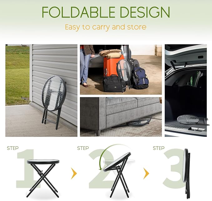 Folding Outdoor Side Table -Patio End Bistro Tables Portable Small 17.5" Round Tempered Glass Top Waterproof Dining Coffee Metal Black