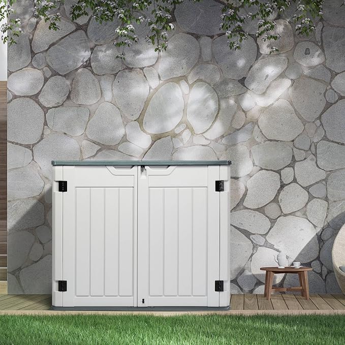 Large Outdoor Storage Box, 260 Gal Deck Box with 2 Doors, Patio Storage Box Storage Cabinet for Outdoor Furniture Gardening Tools Pool Supplies 50'' x 29'' x 41'' Easy Assembly (Grey&White)