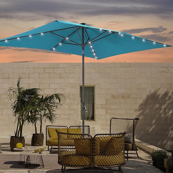 Rectangle Patio Umbrella with Solar Lights, 6x9ft Outdoor Rectangular Table Market Umbrella Patio with Push Button Tilt and Crank for Pool, Deck, Garden,Backyard