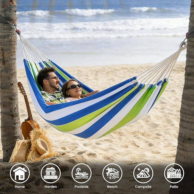 Lazy Daze Hammocks Extra Large Double Hammock, Portable Camping Hammock with Travel Bag & Tree Straps for Outdoor, Camping, Backyard, Patio, 550lbs Capacity, Blue & Light Green