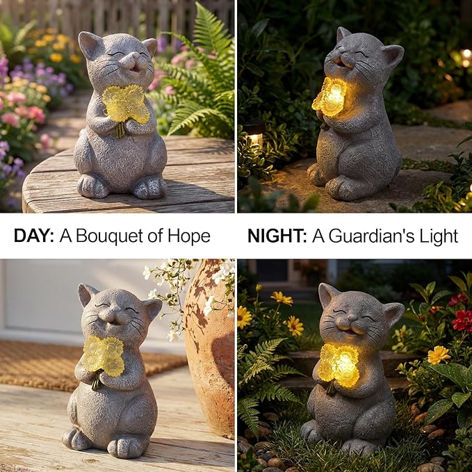 PETAFLOP Solar Cat Garden Statue Decor with Sunflower, Outdoor Figurines Patio Balcony Yard Lawn Decorations, Birthday Housewarming Gifts for Mom Grandma Women Cats Lover