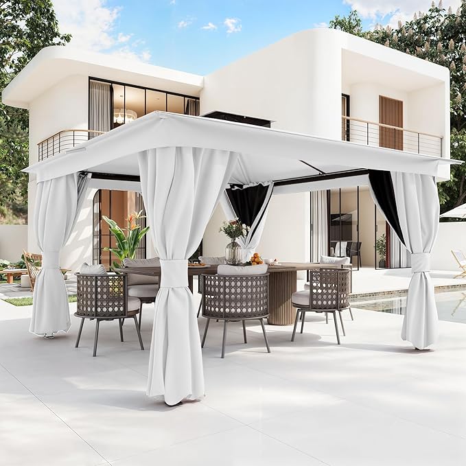 MELLCOM 10'x13' Outdoor Gazebo for Patio, White, Heavy Duty Party Tent with Double Roofs, Outdoor Canopy with Curtains and Nettings for Deck, Lawn and Backyard
