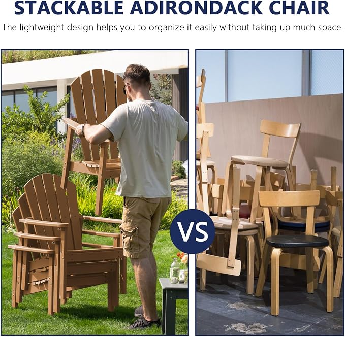 nevilywood Compact Stackable Adirondack Chairs Set of 2,HDPE,380lbs,Teak | 26.3" Wide HDPE.All-Weather Outdoor.Maintenance-Free.Stackable for Storage.25°Curved Straight Backrest.Quick Assembly