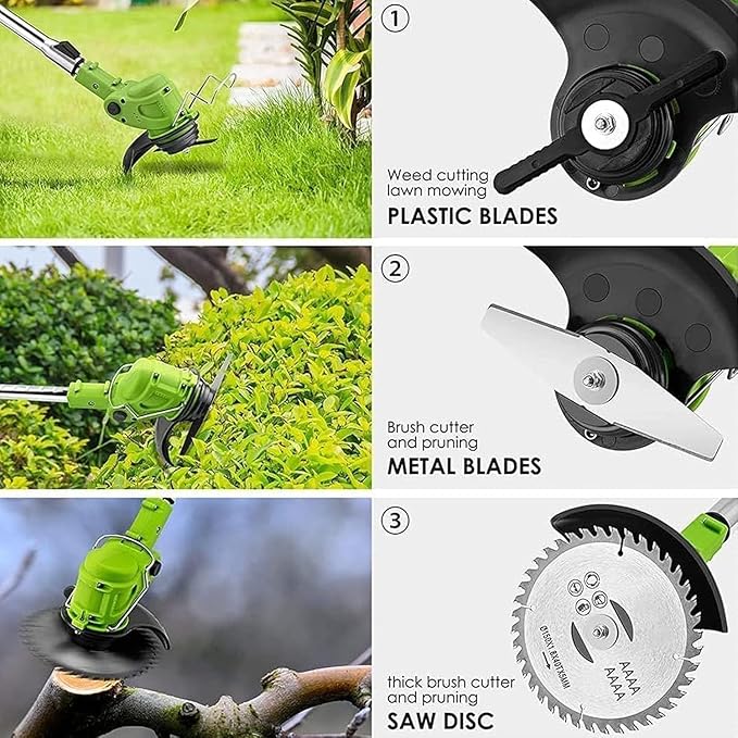 Electric Weed Wacker 21V Electric Weed Cordless Eater with 2pcs Batteries and 3 Types Blades&Auxiliary Wheel Weed Trimmer Lightweight 3 in 1 Stringless Grass Trimmer Edger/Brush Cutter for Lawn