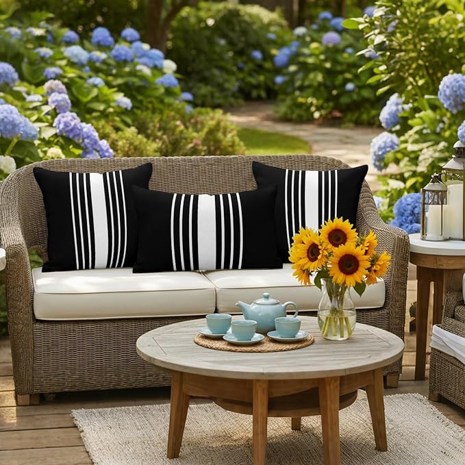 Black White Stripe Outdoor Pillow Covers 16x16 Inch Throw Pillow Covers Set of 2 Waterproof Decorative Pillow Cases Modern Rustic Vertical Striped Cushion Covers for Patio Furniture Garden Couch Sofa