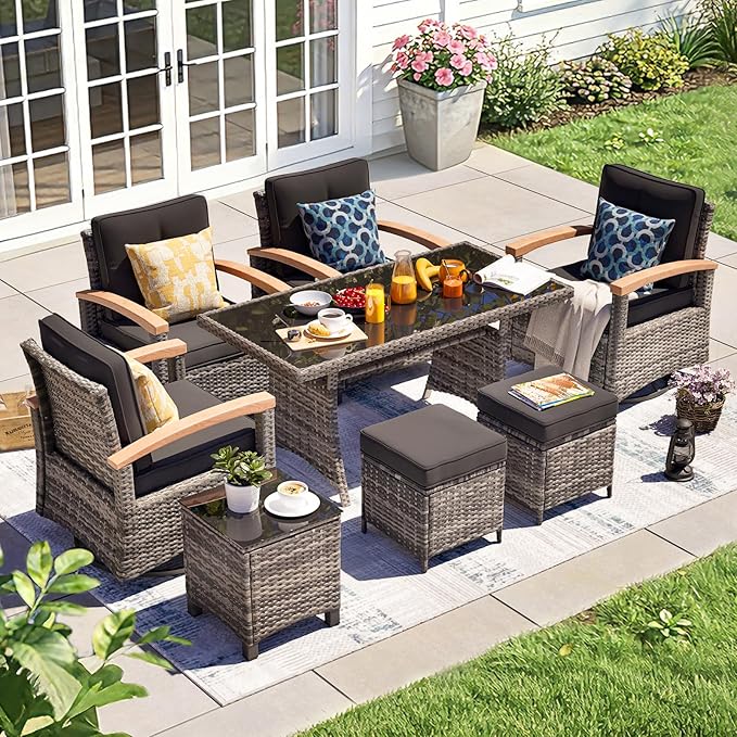 MEISSALIVVE 8 Pieces Patio Furniture Sets, PE Wicker Outdoor Conversation Sets with 2 Wood Armrests Swivel Rocker Chairs, 2 Fixed Single Chairs, 2 Ottomans and Dining Table(Black)