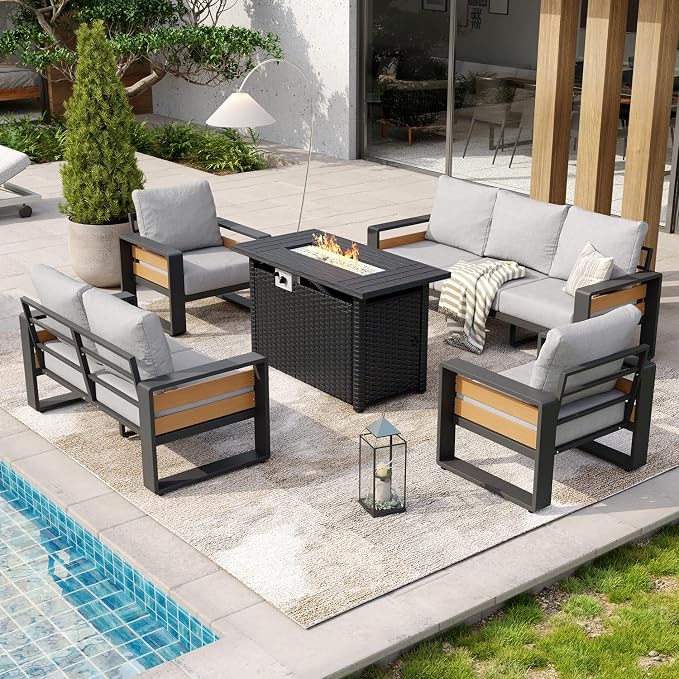 Aoxun Aluminum Patio Furniture Set with Fire Pit Table, 7 Seats Luxury Outdoor Sectional with 6" Olefin Fabric Cushions, Patio Conversation Sets with Waterproof Cover for Backyard, Porch Light Grey