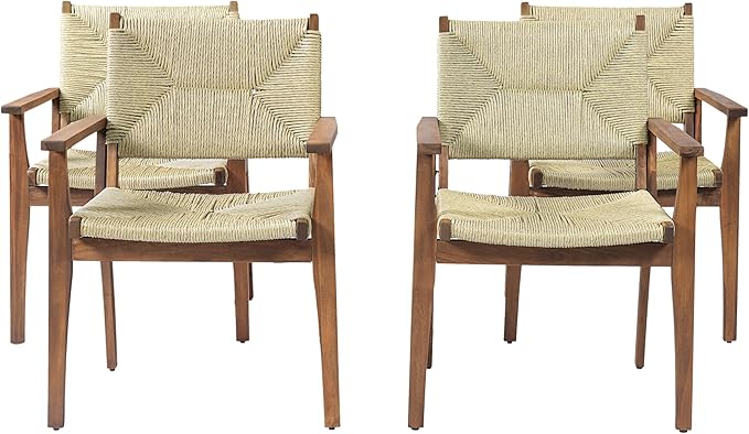 Merax 5-Piece Outdoor Dining Set, 47.24'' Round Acacia Wood Table & 4 Wicker Armchairs, Patio Furniture Set for Garden Balcony Deck, Teak Finish