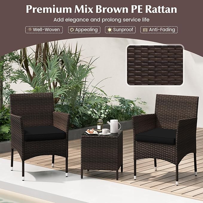 RELAX4LIFE 3-Piece Patio Furniture Set - Rattan Wicker Outdoor Conversation Set w/Cushions & Glass Coffee Table, Balcony Furniture for Porch Garden Backyard, Bistro Table and Chairs Set of 2 (Black)