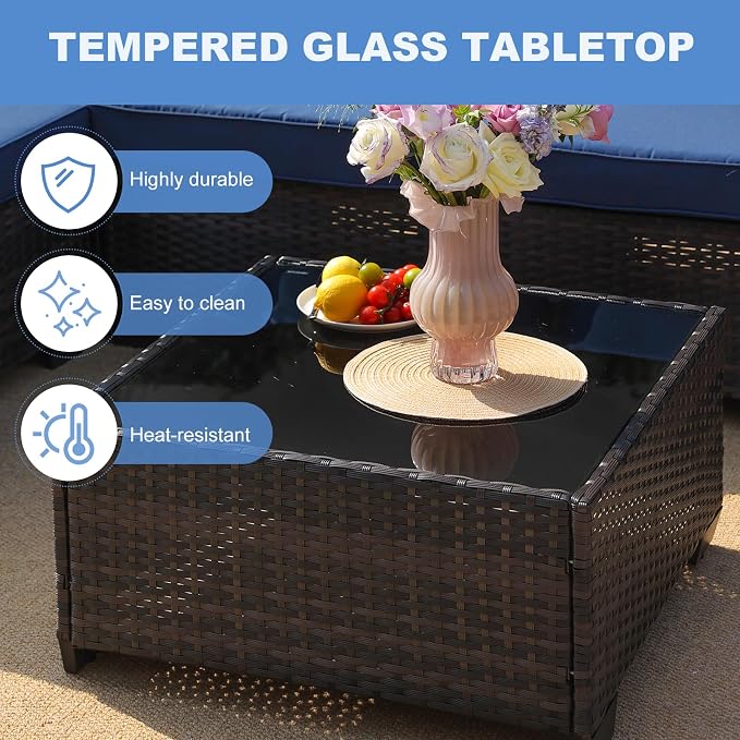 5 Pieces Patio Furniture Set, Wicker Outdoor Conversation Sets with Tea Table, Rattan Patio Sofa with Thick Cushions for Garden, Backyard Porch, Poolside, Patry, Navy