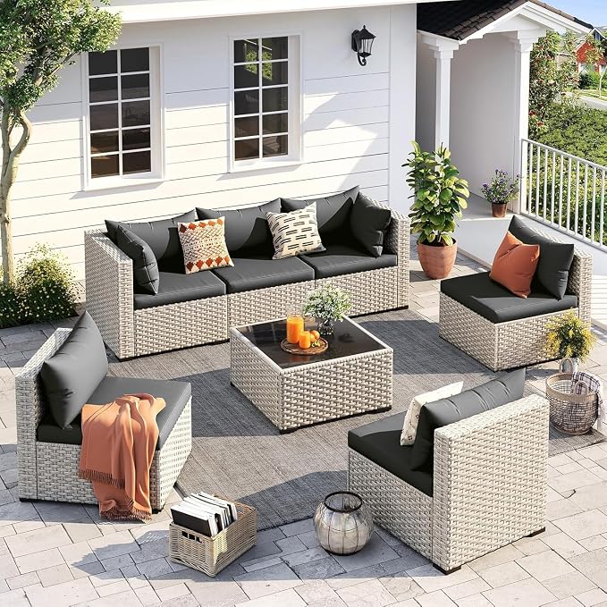 7-Piece Outdoor Patio Furniture Set with PE Wicker Sectional Sofa and Tea Table, Weather-Resistant Outdoor Conversation Set for Patio, Garden, Backyard Lounge Area(Gray)