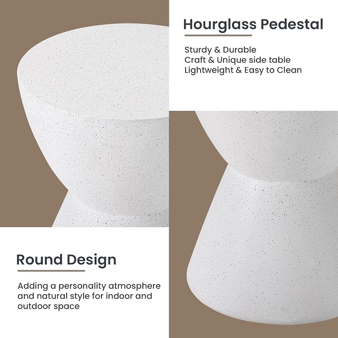 HOMPUS Outdoor Side Table Hourglass Shaped, Concrete End Table, Round Drum Patio MgO Coffee Lightweight Table, Modern Garden Planter Stand for Indoor Outdoor Use, Spotted White