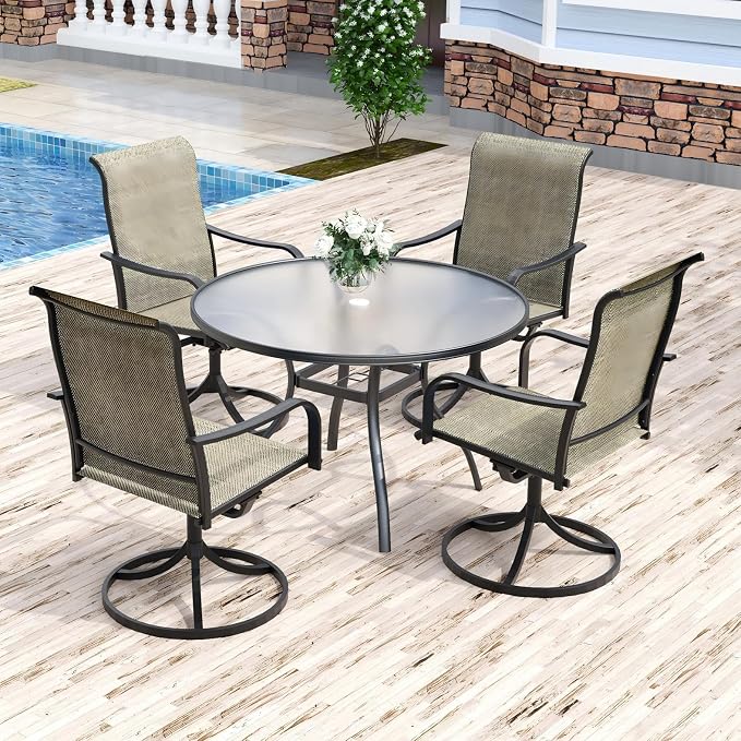Anmutig 5-Piece Outdoor Patio Dining Set, 40" Round Glass Table with 4 Swivel Rocking Patio Chairs Furniture Set for Kitchen Garden, Backyard, Light Tan
