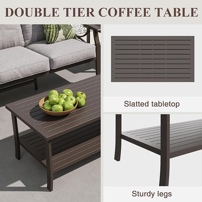 RoyalCraft Outdoor Patio Furniture Set, 4 Piece Patio Conversation Set with Coffee Table, Metal Furniture Set for Porch Backyard Garden, Grey