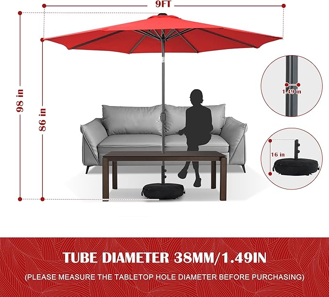 Sundale Outdoor 9FT Patio Umbrella with Sand Bag Umbrella Base, Outdoor Umbrella with Tilt and Crank, Red