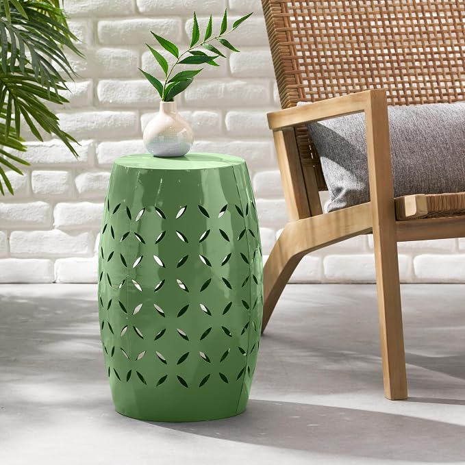 Christopher Knight Home Hayon 17.75'' Small Outdoor Side Table, Metal Outdoor Stool, Lace Cut Iron End Table, Hollow Drum Round Side Table, Decorative Garden Stool with Cutout Design, Green